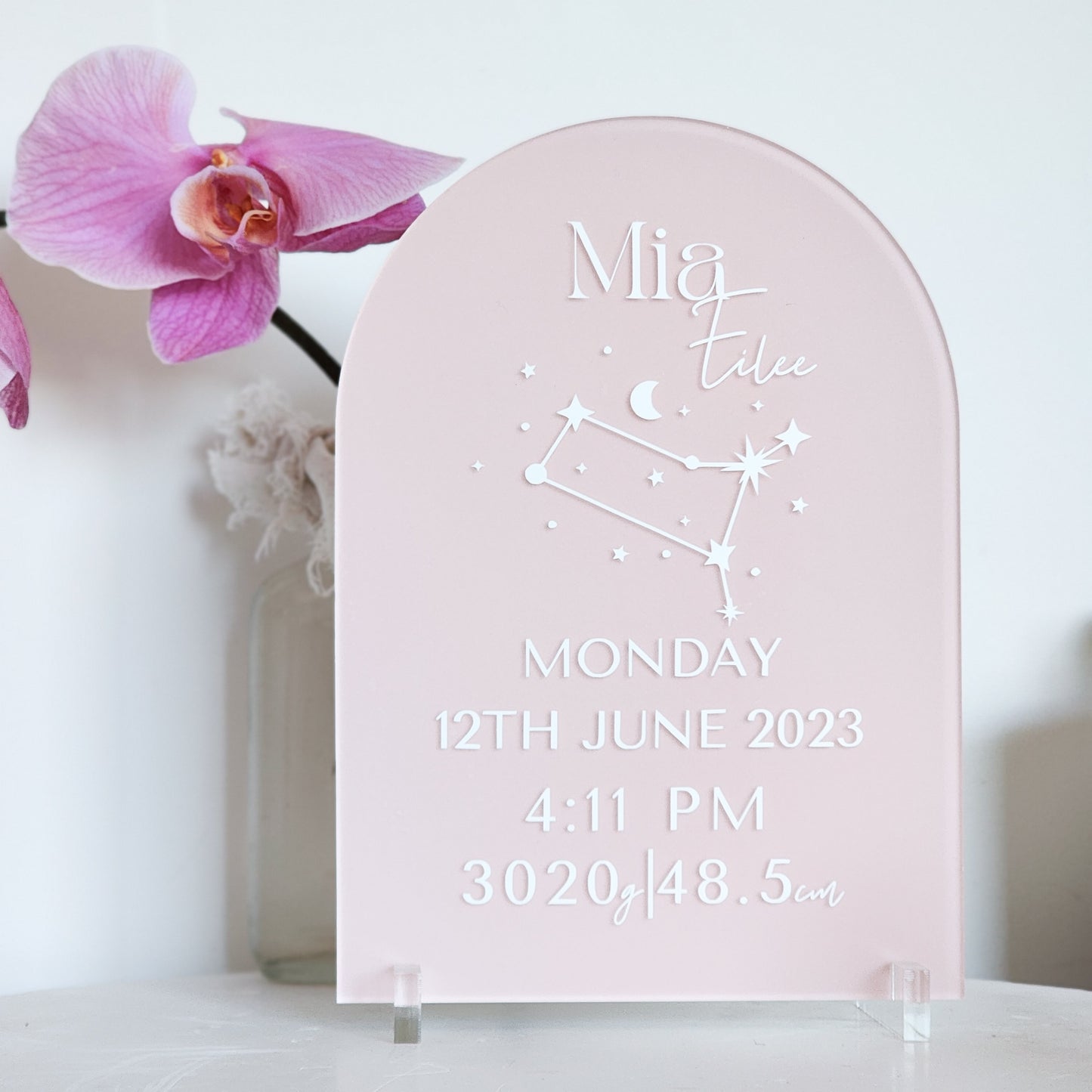 'All About Me' Arch ~ Acrylic Birth Stats + Star sign Plaque