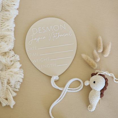 Balloon Fill-In Birth Announcement Plaque | Hand-painted Acrylic Newborn Photo Prop