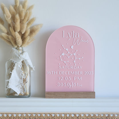 'All About Me' Arch ~ Acrylic Birth Stats + Star sign Plaque