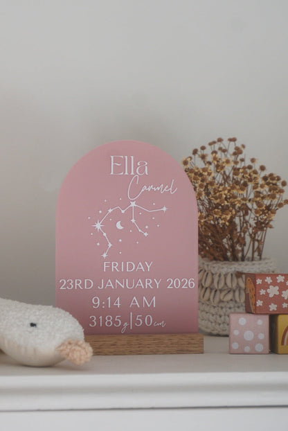 Celestial Birth Story Arch ~ Acrylic Birth Details + Star Sign Plaque