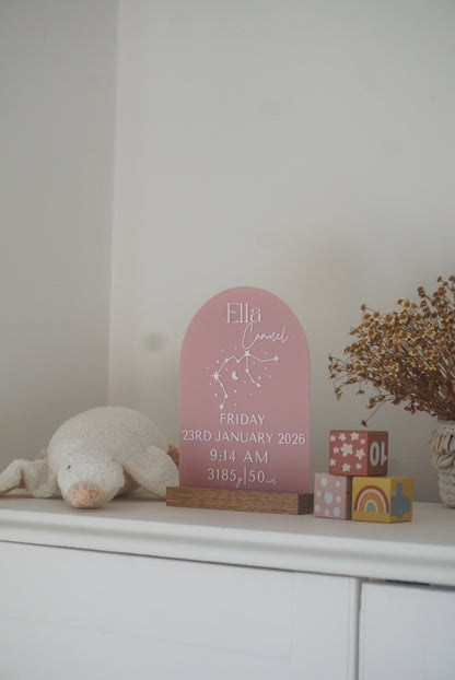 Celestial Birth Story Arch ~ Acrylic Birth Details + Star Sign Plaque