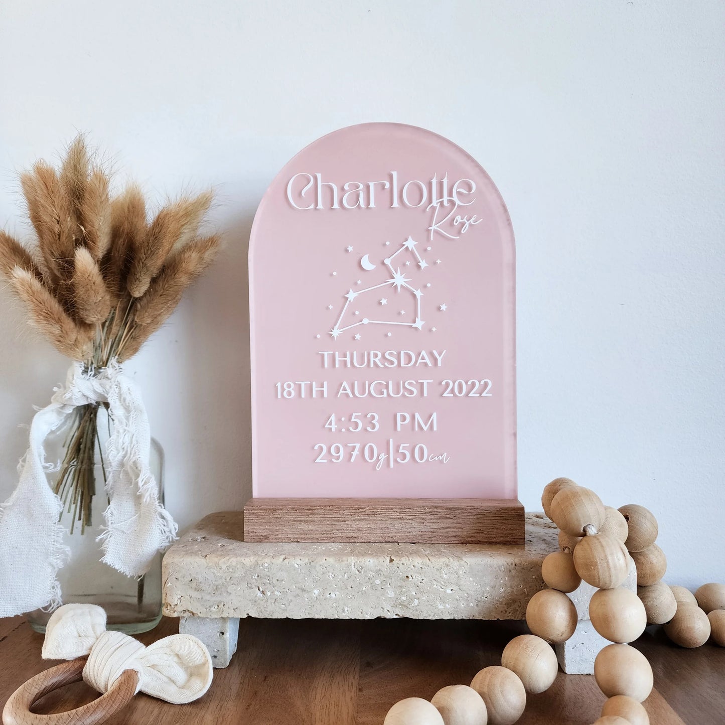 'All About Me' Arch ~ Acrylic Birth Stats + Star sign Plaque
