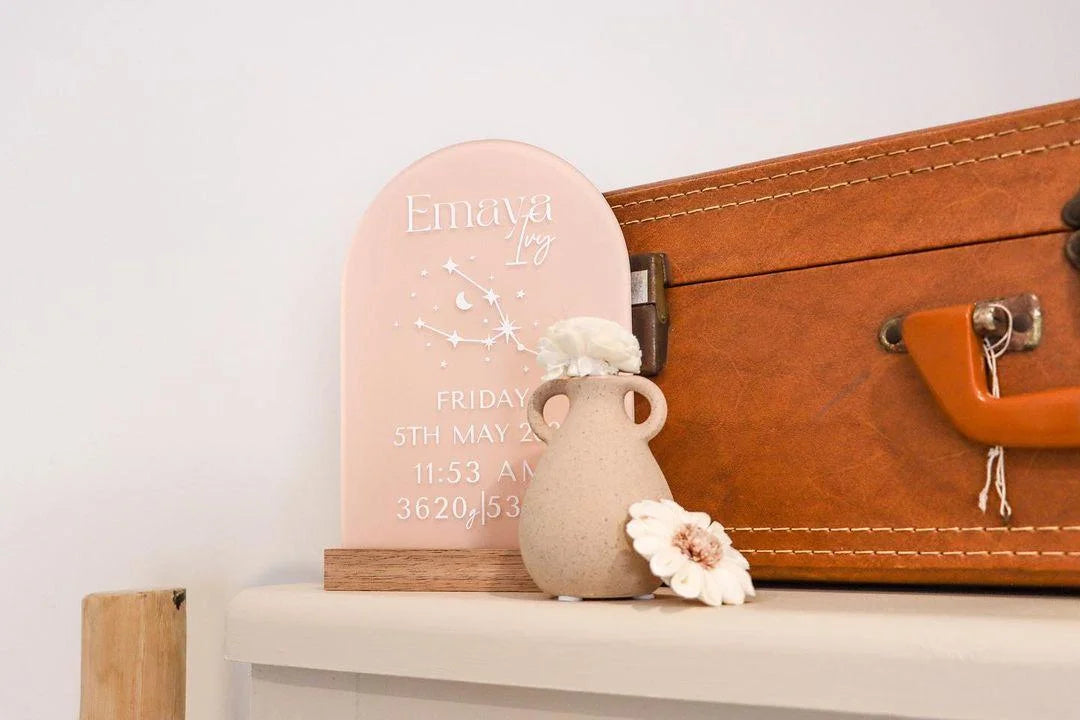 'All About Me' Arch ~ Acrylic Birth Stats + Star sign Plaque
