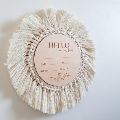 Boho Baby | Wooden Fringed Birth Announcement Disc - 'Hello, I'm New Here'