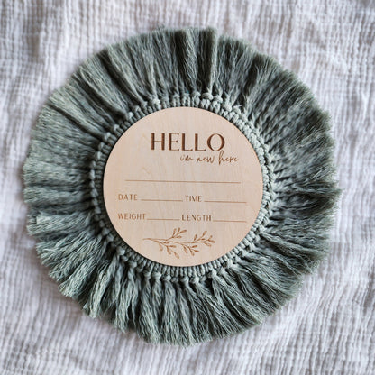 Boho Baby | Wooden Fringed Birth Announcement Disc - 'Hello, I'm New Here'