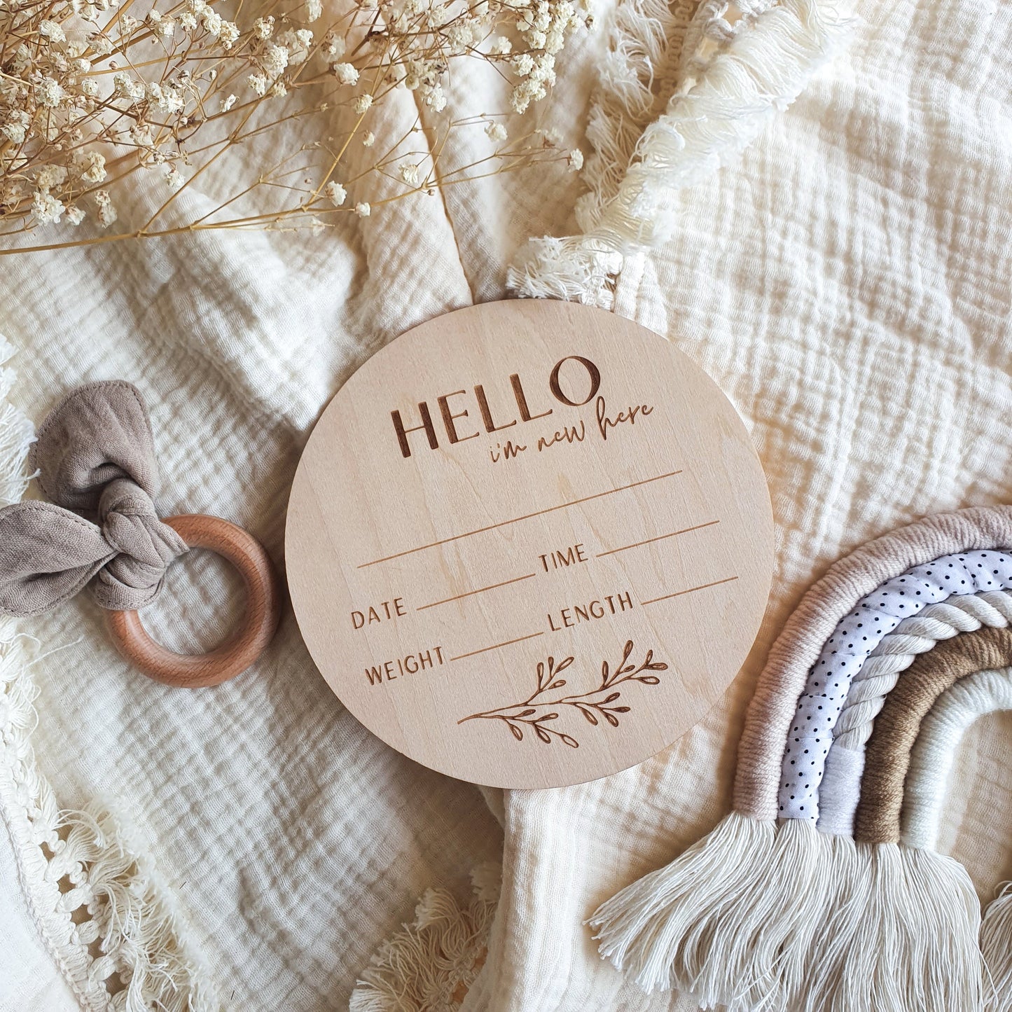 Boho Baby | Wooden Birth Announcement Disc - 'Hello, I'm New Here'