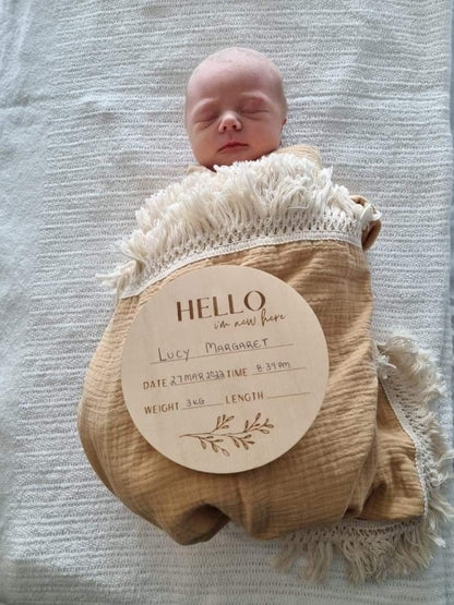Boho Baby | Wooden Birth Announcement Disc - 'Hello, I'm New Here'