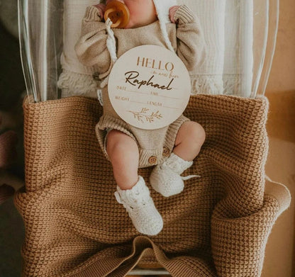 Boho Baby | Wooden Birth Announcement Disc - 'Hello, I'm New Here'